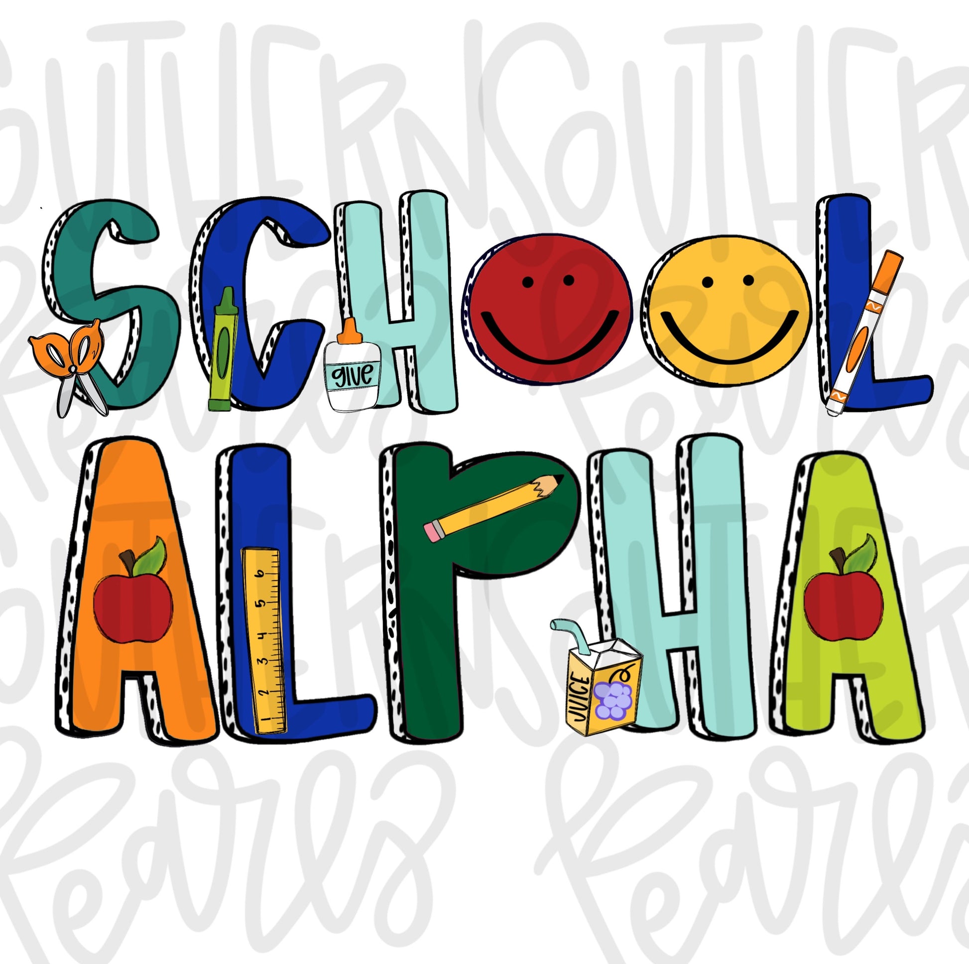 School Alpha | Primary Colors | Teacher Alphabet Design | Sublimation Design | Digital Download | Women’s, Kids Shirt PNG