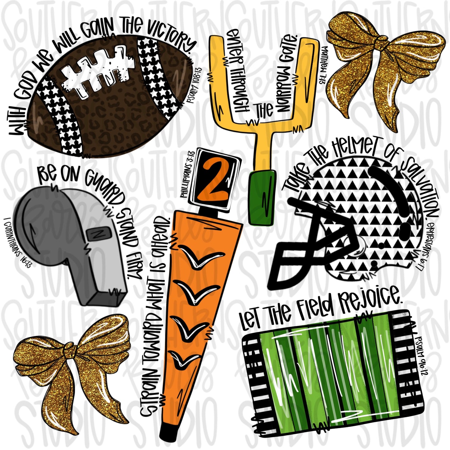 Football items collage | Bible verses | bows | Go Team | PNG | Sublimation | Design Download