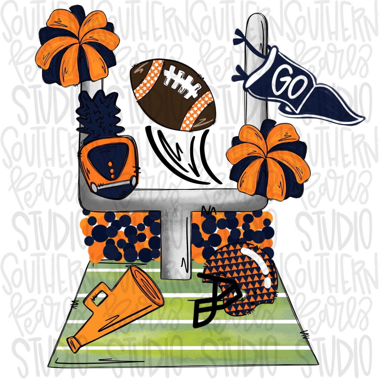 Football field with items | orange and navy | 2 designs front & back | Go Team | PNG | Sublimation | Design Download