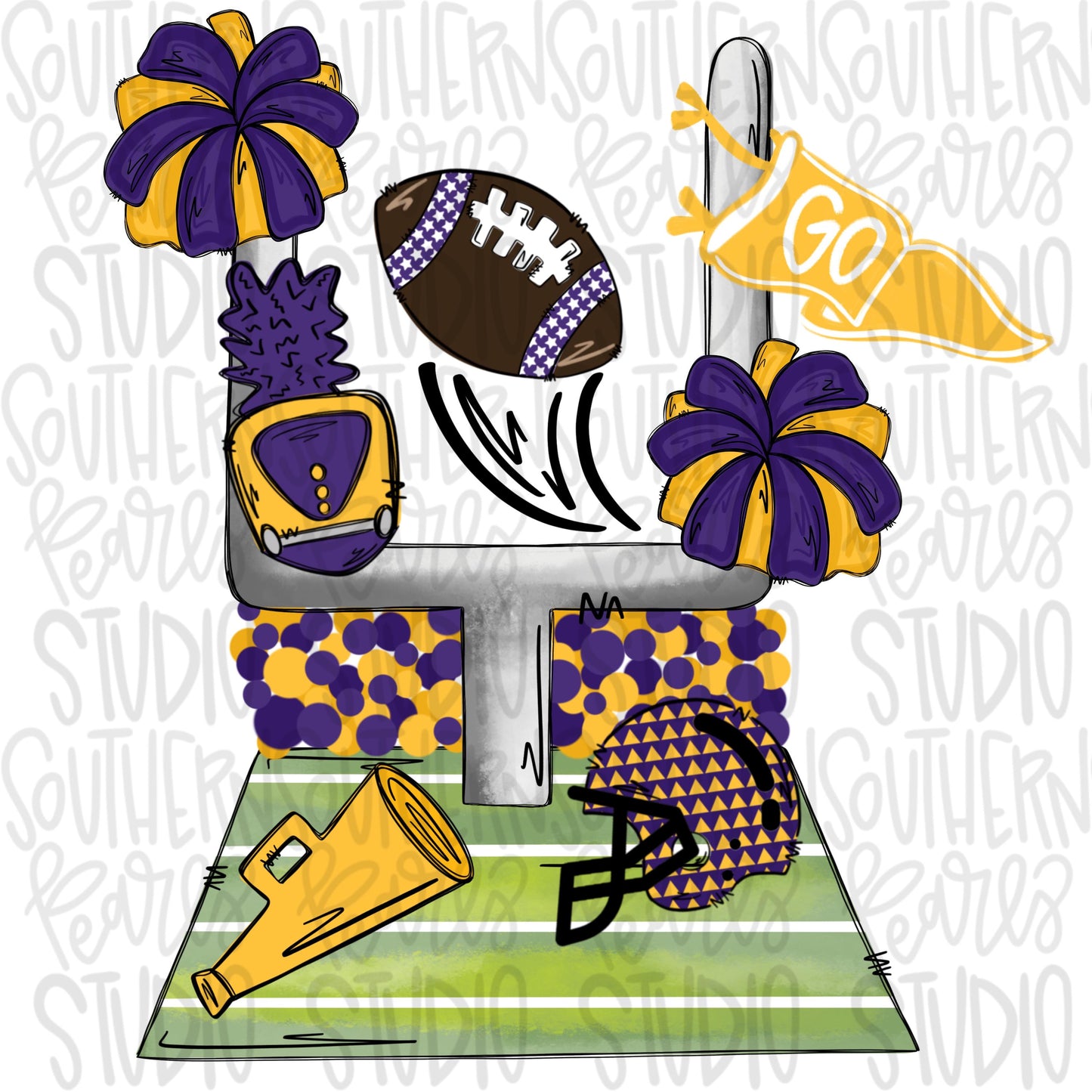 Football field with items | purple and yellow | 2 designs front & back | Go Team | PNG | Sublimation | Design Download