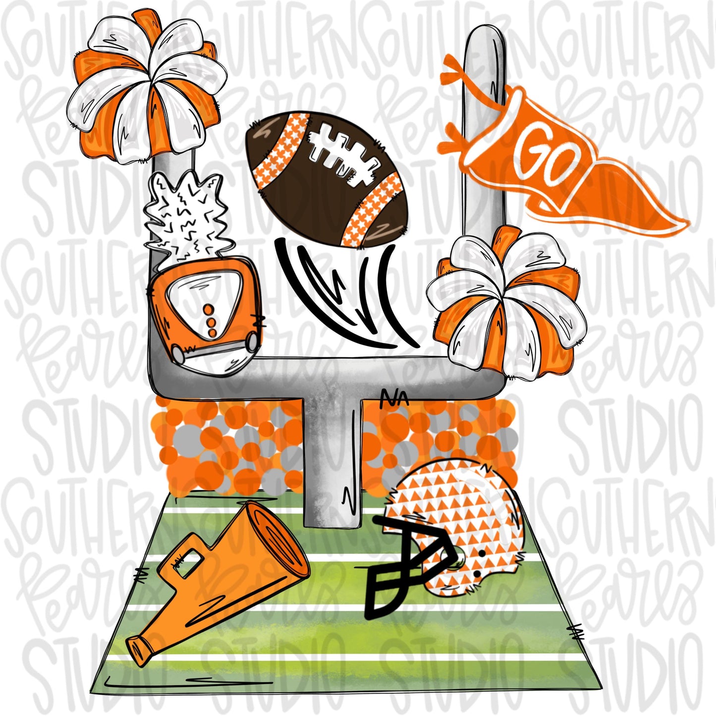 Football field with items | orange | 2 designs front & back | Go Team | PNG | Sublimation | Design Download