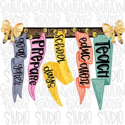 Pennant Banner | teachers | pencil bow | 2 designs front and back Sublimation Design | Digital Download | Women’s, Kids Shirt PNG