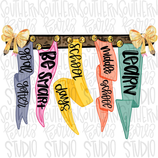 Pennant Banner | middle school | pencil bow | 2 designs front and back Sublimation Design | Digital Download | Women’s, Kids Shirt PNG