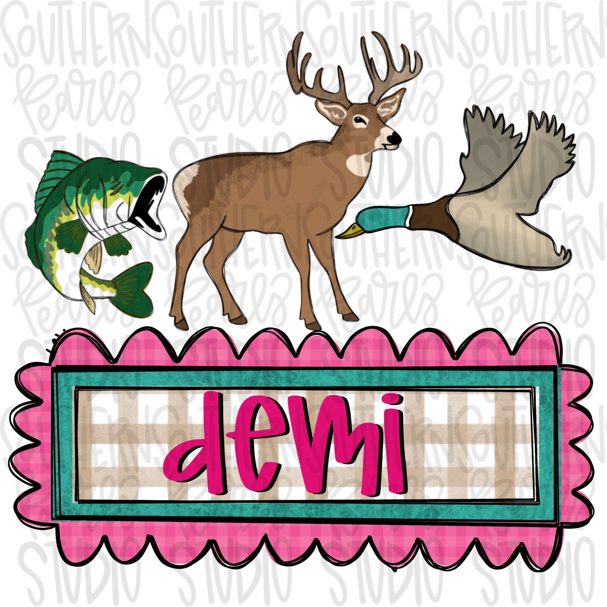 Fish, Buck and Duck Girly pink hunting name plate | Sublimation Design | Digital Download | Women’s, Kids Shirt PNG