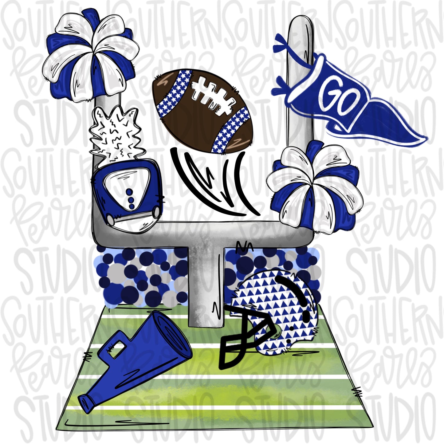 Football field with items | royal | 2 designs front & back | Go Team | PNG | Sublimation | Design Download