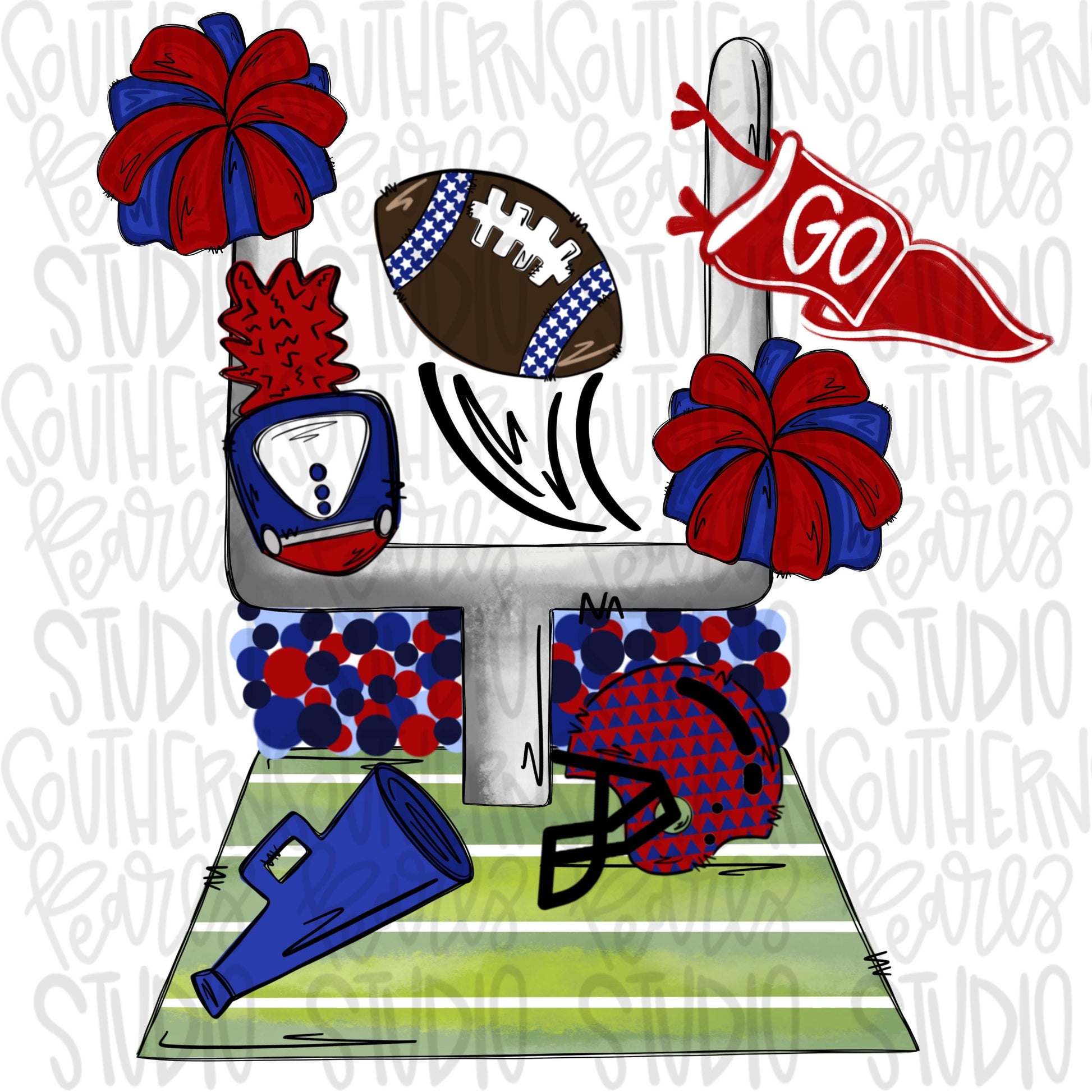 Football field with items | royal and red | 2 designs front & back | Go Team | PNG | Sublimation | Design Download