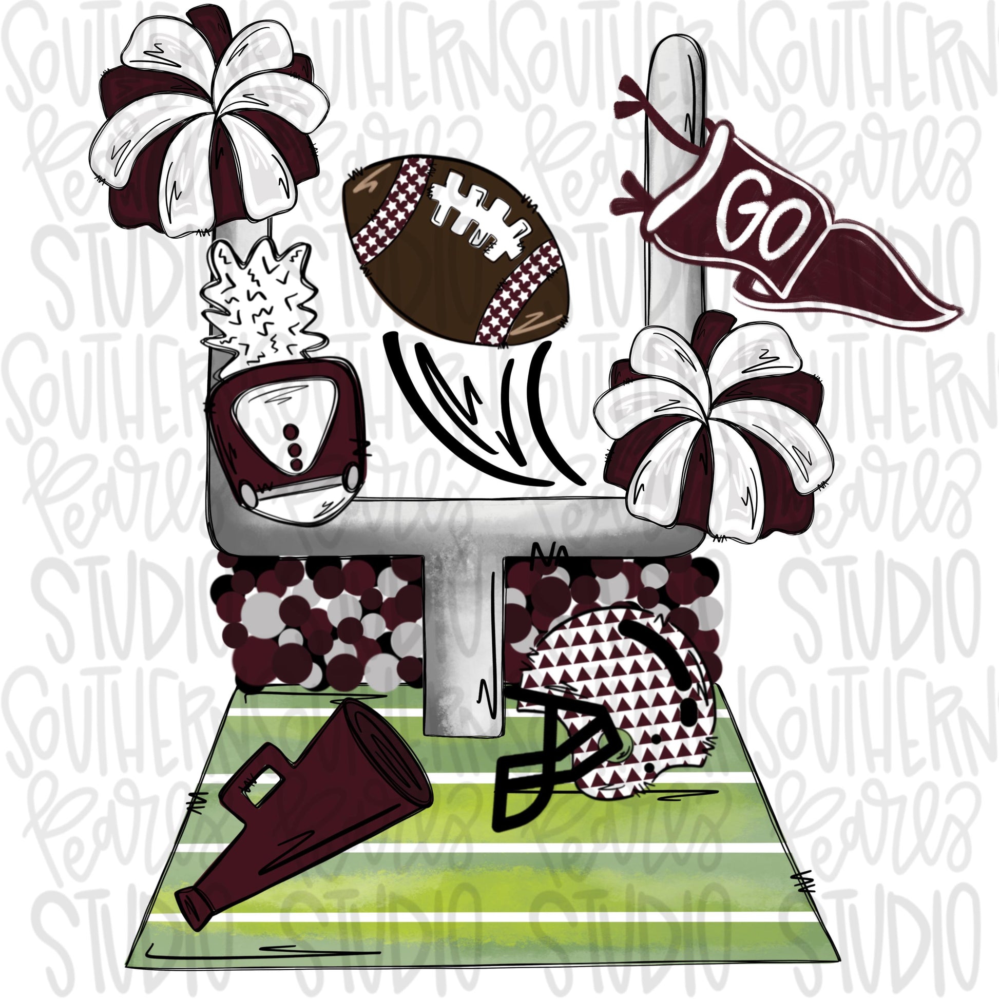 Football field with items | maroon | 2 designs front & back | Go Team | PNG | Sublimation | Design Download