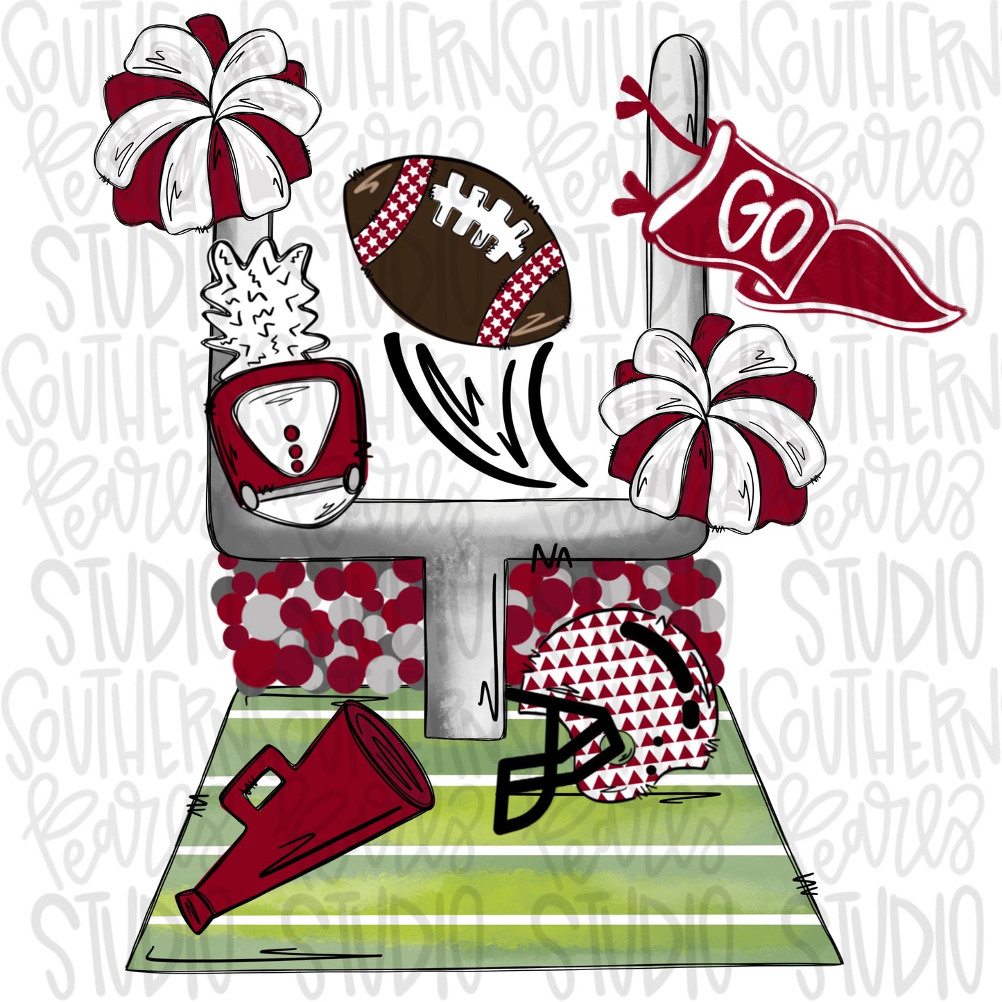 Football field with items | crimson | 2 designs front & back | Go Team | PNG | Sublimation | Design Download