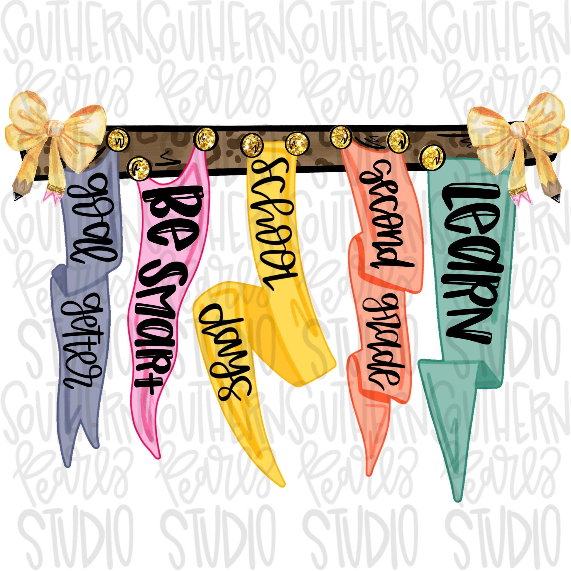 Pennant Banner | second grade | pencil bow | 2 designs front and back Sublimation Design | Digital Download | Women’s, Kids Shirt PNG