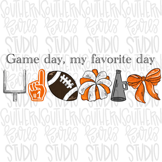 Game Day my favorite day | Football and megaphone and pom pom | orange | Go Team | PNG | Sublimation | Design Download