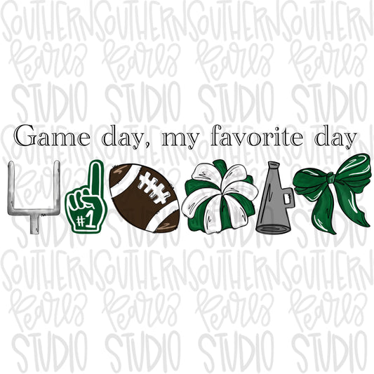 Game Day my favorite day | Football and megaphone and pom pom | green | Go Team | PNG | Sublimation | Design Download