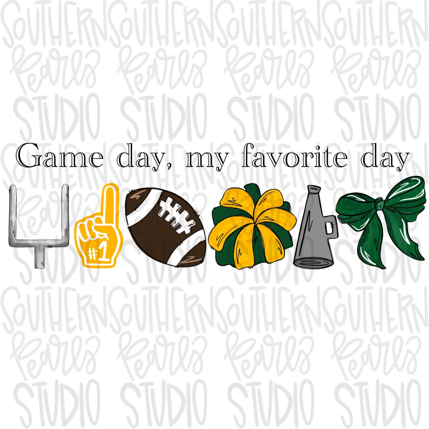 Game Day my favorite day | Football and megaphone and pom pom | green and yellow | Go Team | PNG | Sublimation | Design Download