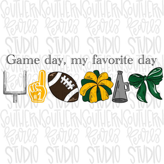 Game Day my favorite day | Football and megaphone and pom pom | green and yellow | Go Team | PNG | Sublimation | Design Download