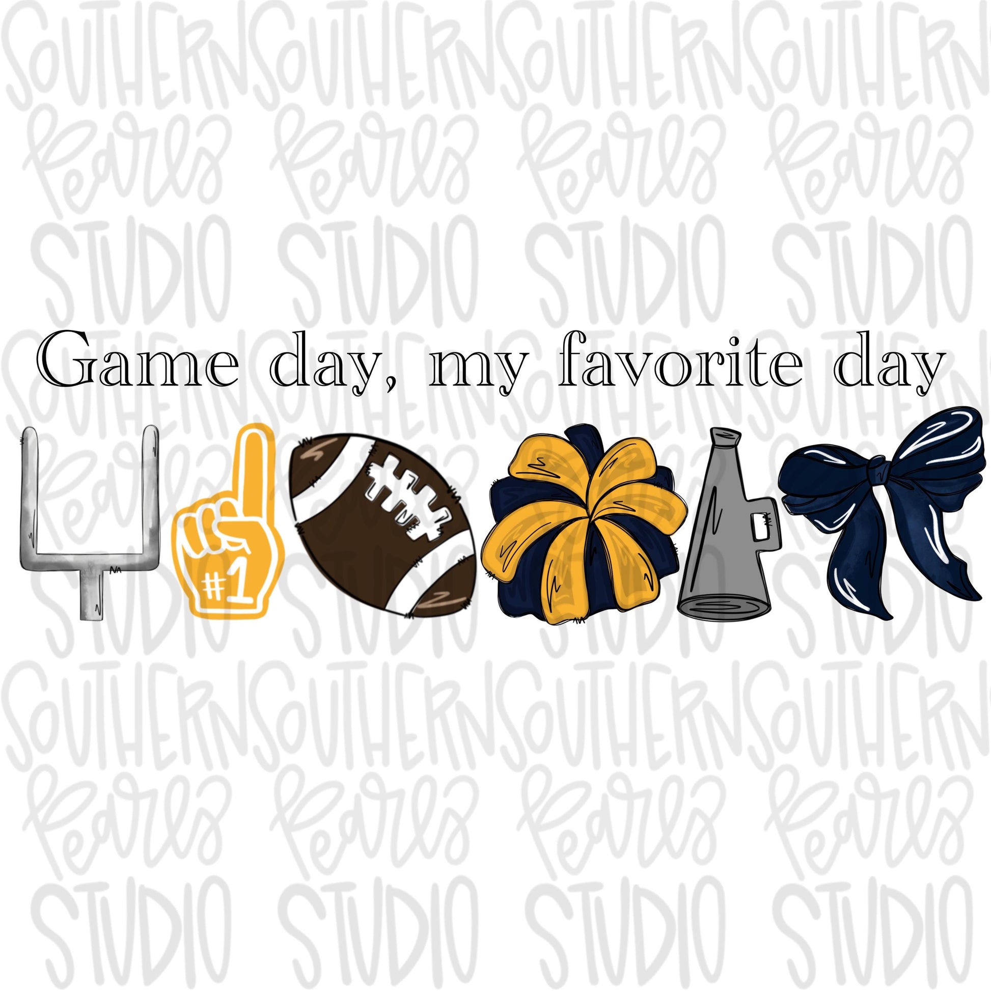 Game Day my favorite day | Football and megaphone and pom pom | navy and yellow gold | Go Team | PNG | Sublimation | Design Download