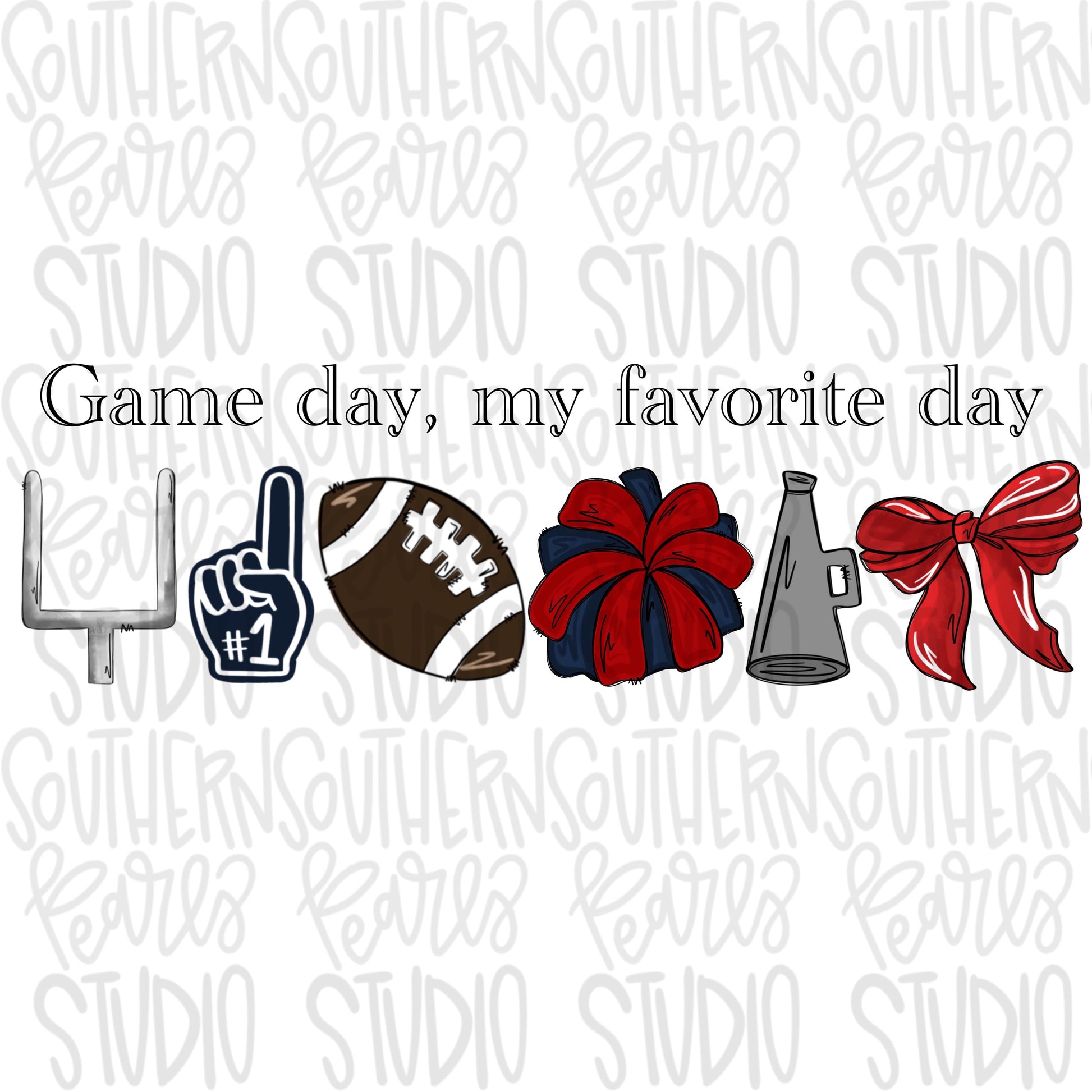 Game Day my favorite day | Football and megaphone and pom pom | red and navy | Go Team | PNG | Sublimation | Design Download