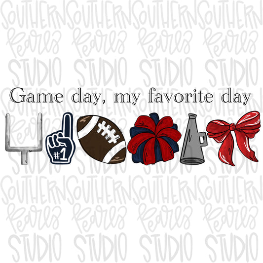 Game Day my favorite day | Football and megaphone and pom pom | red and navy | Go Team | PNG | Sublimation | Design Download