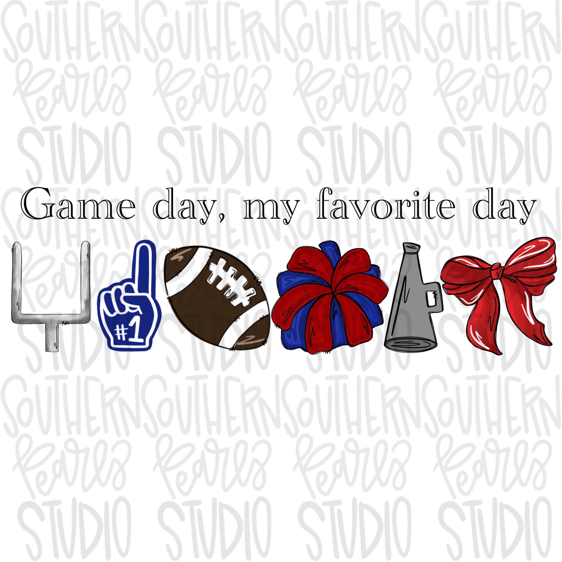 Game Day my favorite day | Football and megaphone and pom pom | red and royal | Go Team | PNG | Sublimation | Design Download