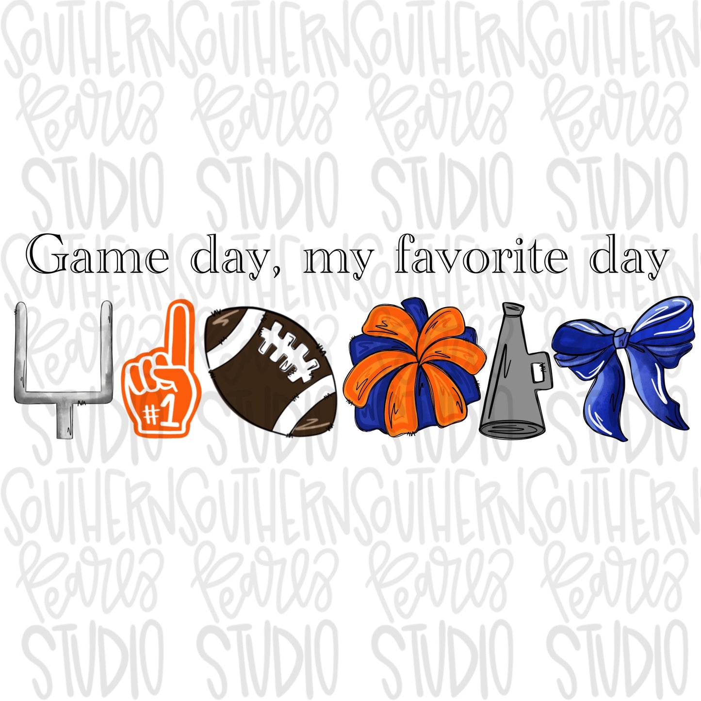 Game Day my favorite day | Football and megaphone and pom pom | orange and royal | Go Team | PNG | Sublimation | Design Download