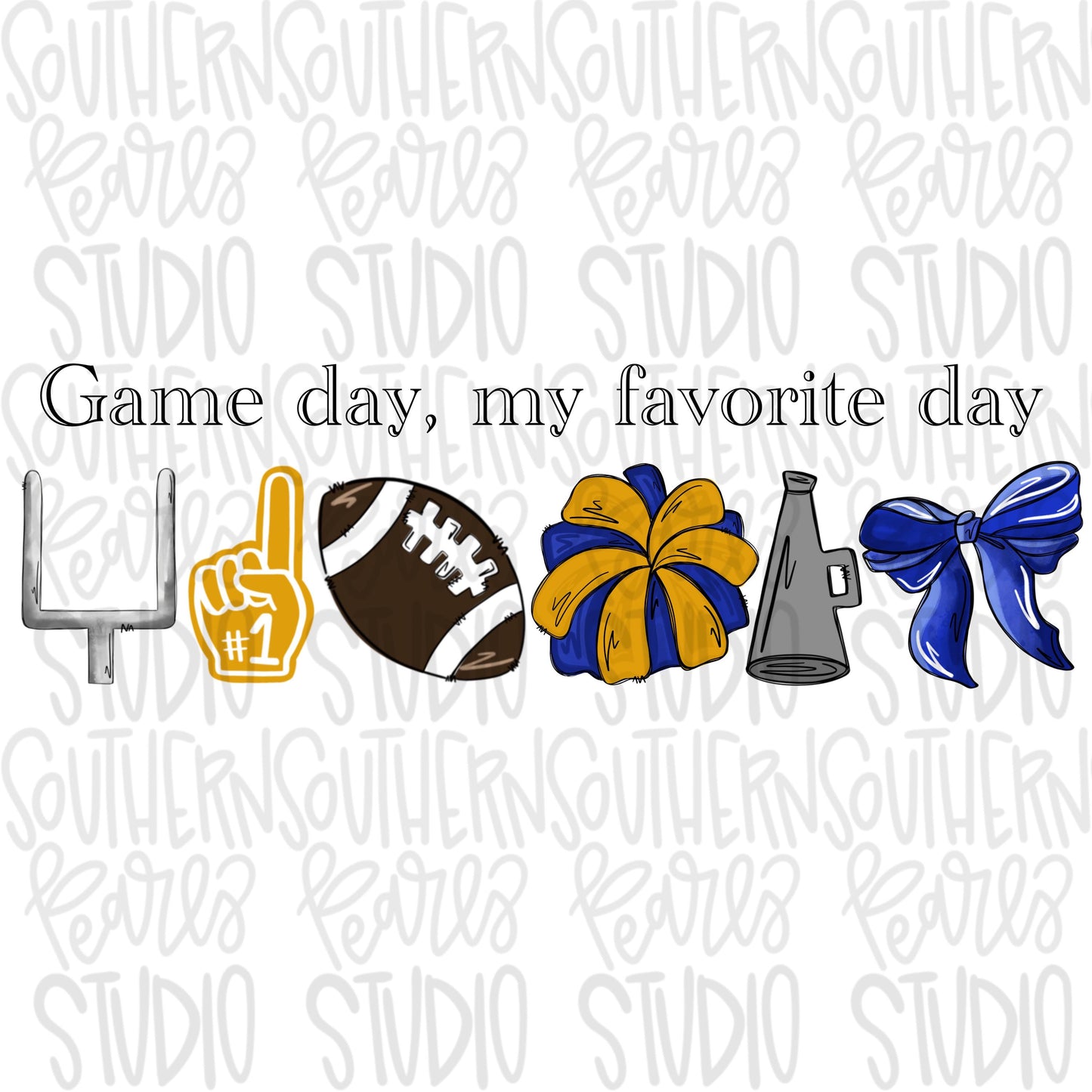 Game Day my favorite day | Football and megaphone and pom pom | Royal and gold | Go Team | PNG | Sublimation | Design Download