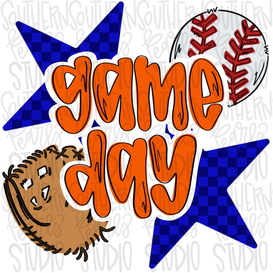 Game Day Baseball | Royal and orange | Go Team | PNG | Sublimation | Design Download