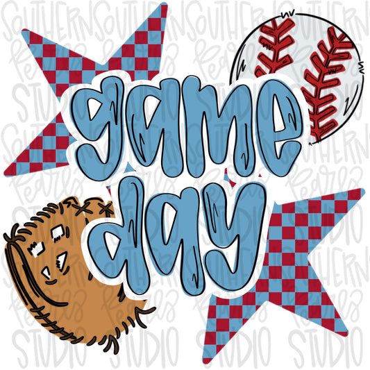 Game Day Baseball | red and Columbia blue | Go Team | PNG | Sublimation | Design Download