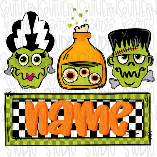 Frankenstein trio with Name Patch | Sublimation Design | Digital Download | Women’s, Kids Shirt PNG