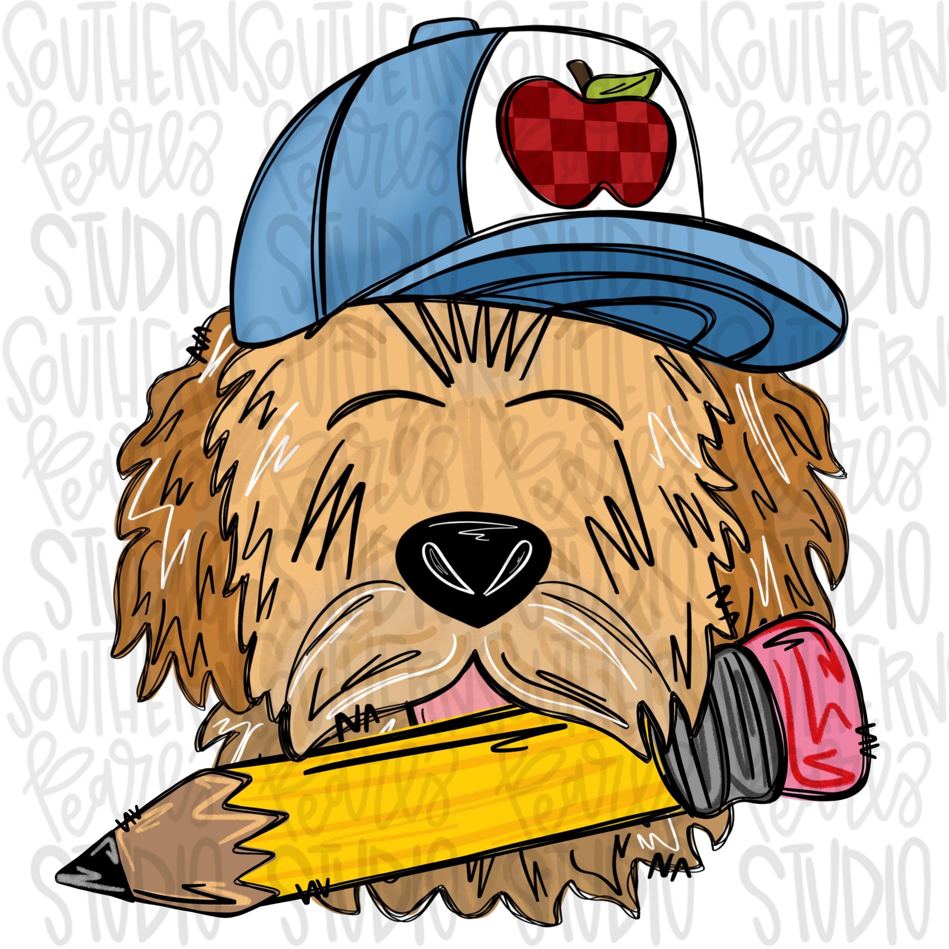 Goldendoodle with pencil boy with and without name patch| Sublimation Design | Digital Download | Women’s, Kids Shirt PNG