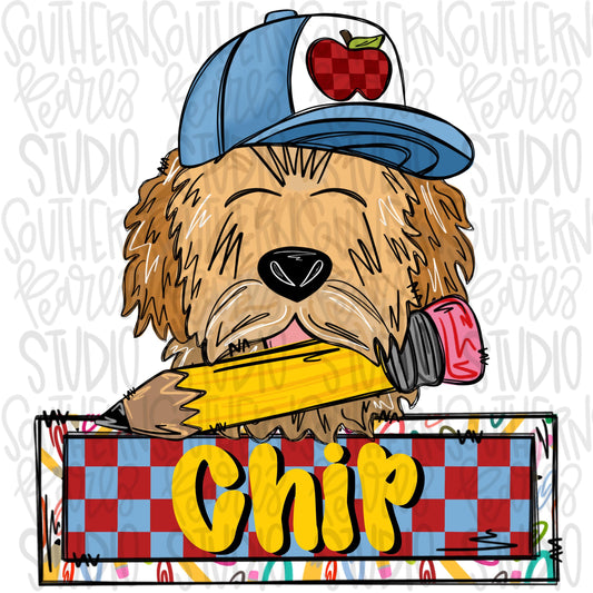 Goldendoodle with pencil boy with and without name patch| Sublimation Design | Digital Download | Women’s, Kids Shirt PNG