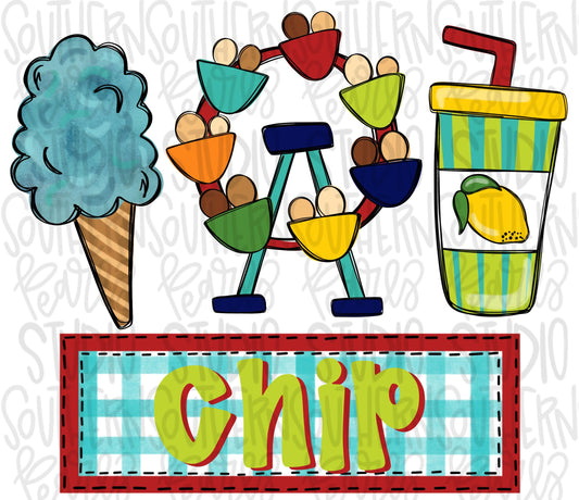 Fair trio cotton candy and Ferris wheel and lemonade with name plate | Sublimation Design | Digital Download | Women’s, Kids Shirt PNG