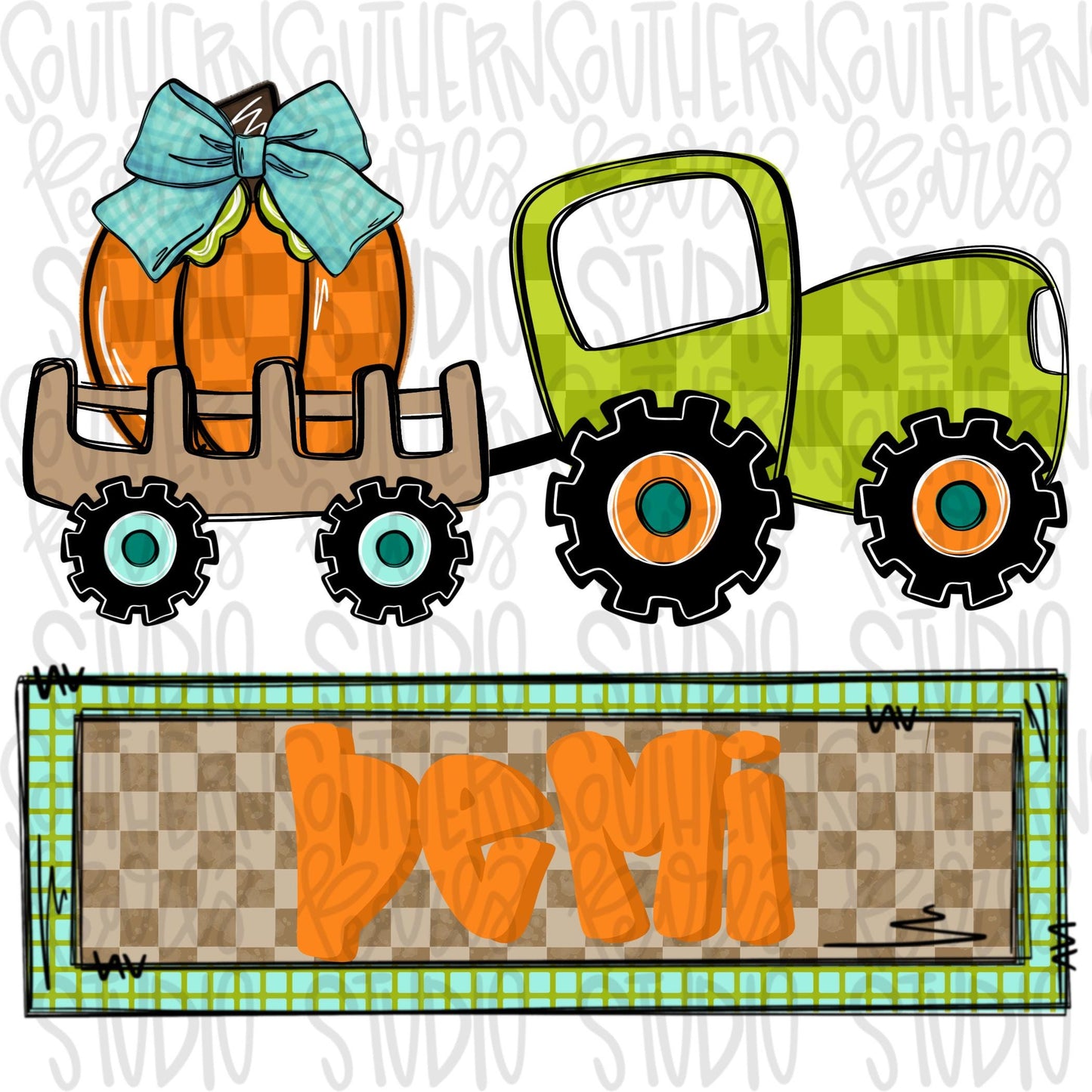 Fall tractor carrying Pumpkin with bow with Name Patch | Sublimation Design | Digital Download | Women’s, Kids Shirt PNG