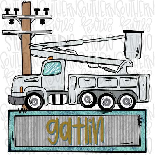 Lineman bucket truck design with name plate | Sublimation Design | Digital Download | Women’s, Kids Shirt PNG