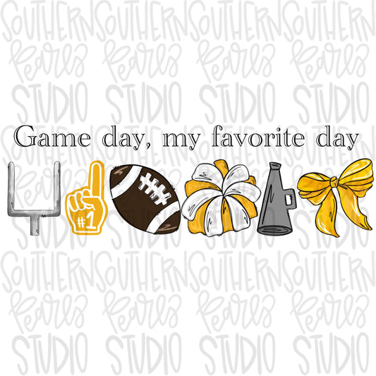 Game Day my favorite day | Football and megaphone and pom pom | yellow | Go Team | PNG | Sublimation | Design Download