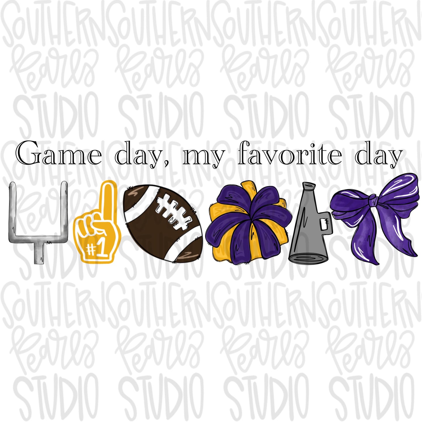 Game Day my favorite day | Football and megaphone and pom pom | purple and yellow | Go Team | PNG | Sublimation | Design Download