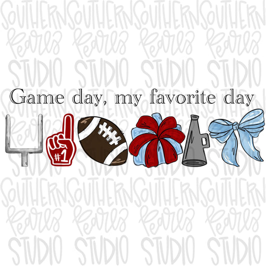 Game Day my favorite day | Football and megaphone and pom pom |red and Carolina blue | Go Team | PNG | Sublimation | Design Download