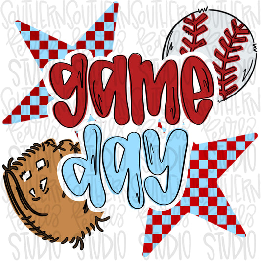 Game Day Baseball | red and Columbia blue | Go Team | PNG | Sublimation | Design Download