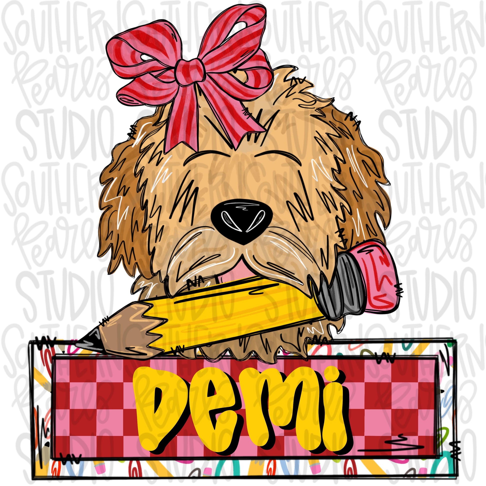 Goldendoodle with pencil girl with and without name patch| Sublimation Design | Digital Download | Women’s, Kids Shirt PNG