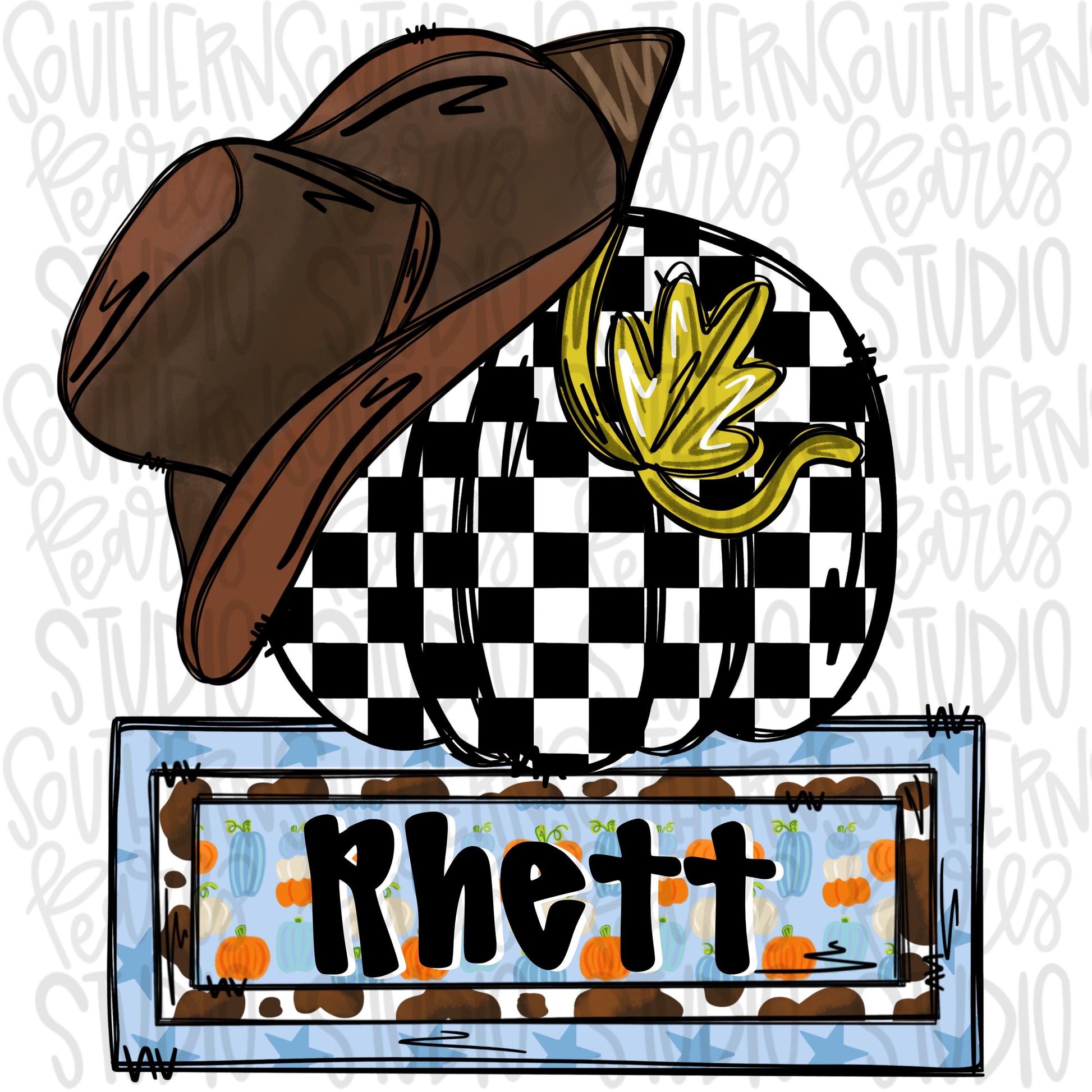 Checkered Pumpkin with cowboy hat and with Name Patch | Sublimation Design | Digital Download | Women’s, Kids Shirt PNG