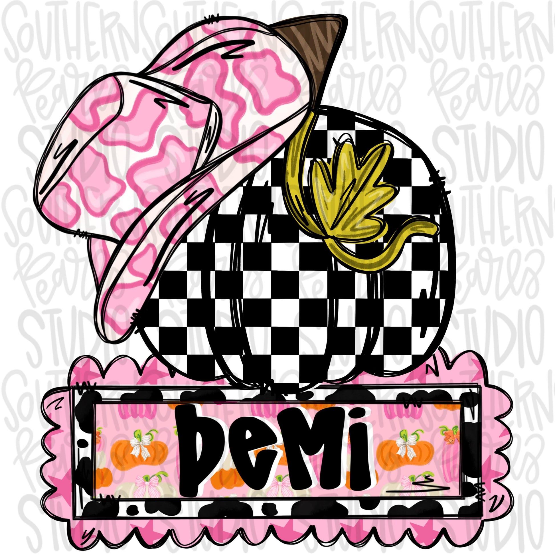 Checkered Pumpkin with cowgirl hat and with Name Patch | Sublimation Design | Digital Download | Women’s, Kids Shirt PNG