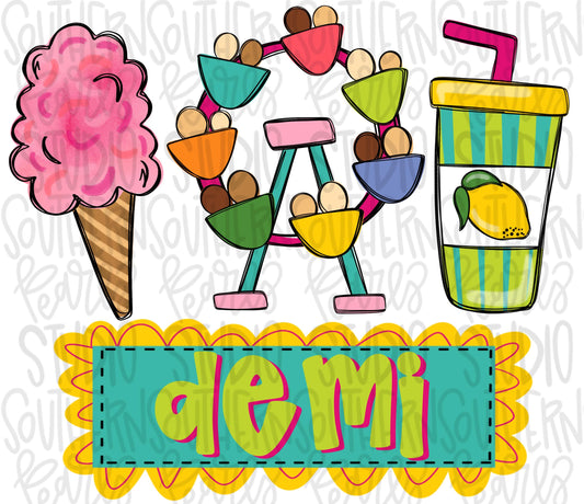 Fair trio cotton candy and Ferris wheel and lemonade with name plate | Sublimation Design | Digital Download | Women’s, Kids Shirt PNG