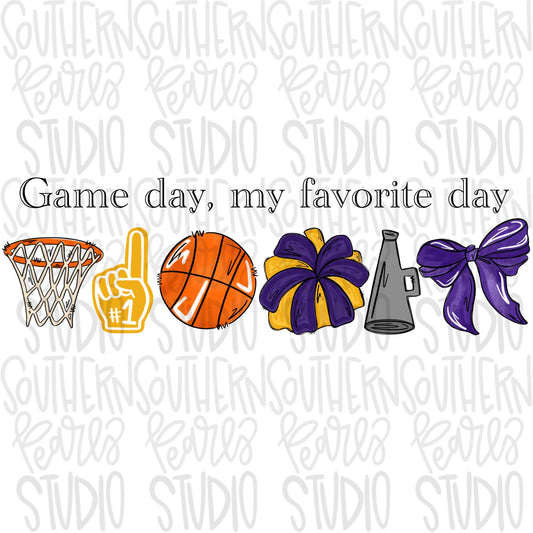 Game Day my favorite day | Basketball and hoop | purple and yellow | Go Team | PNG | Sublimation | Design Download