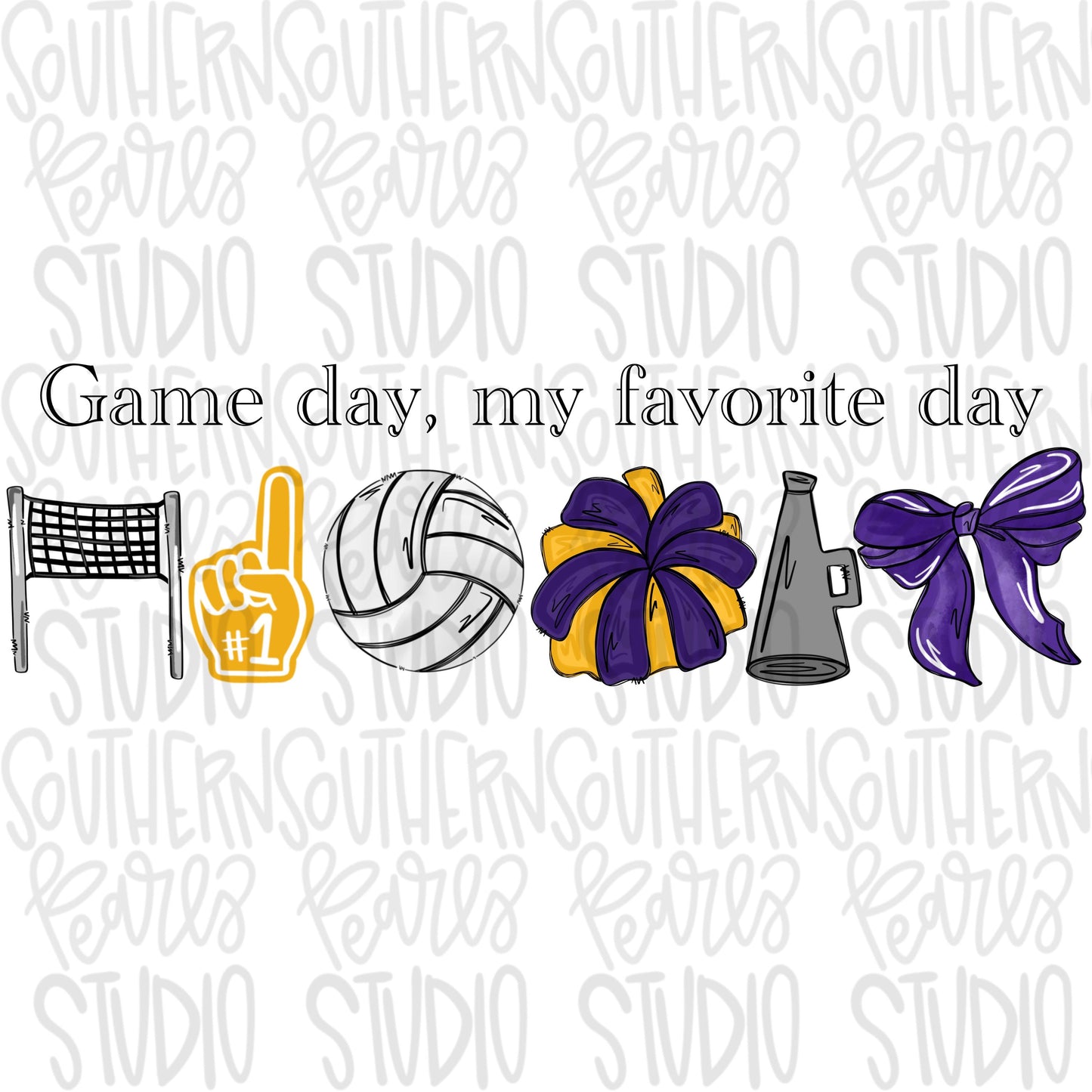 Game Day my favorite day | volleyball and net | yellow and purple | Go Team | PNG | Sublimation | Design Download