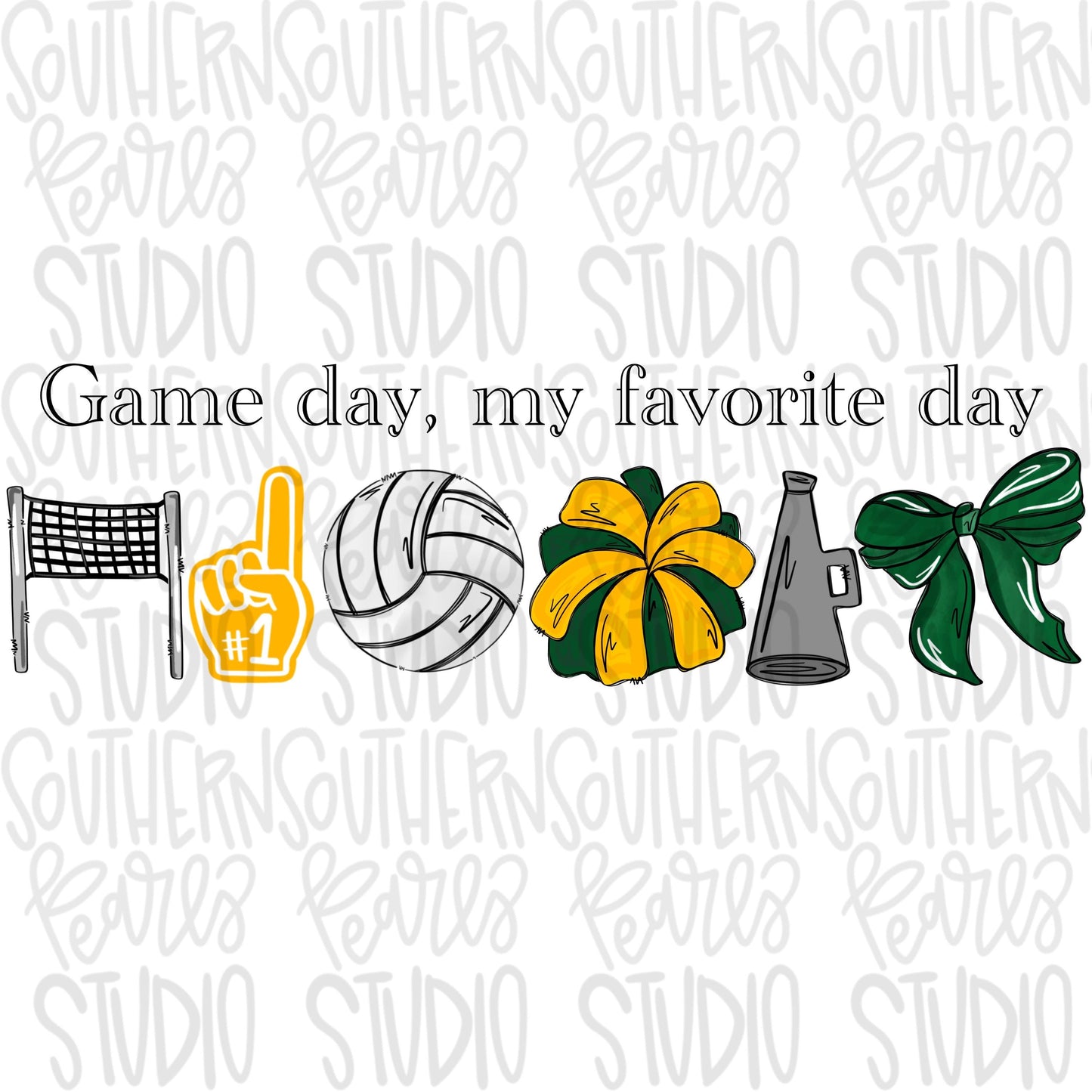 Game Day my favorite day | volleyball and net | green and yellow | Go Team | PNG | Sublimation | Design Download