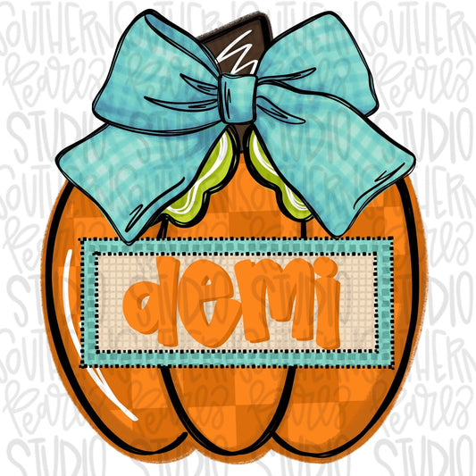 Pumpkin with bow with Name Patch | Sublimation Design | Digital Download | Women’s, Kids Shirt PNG