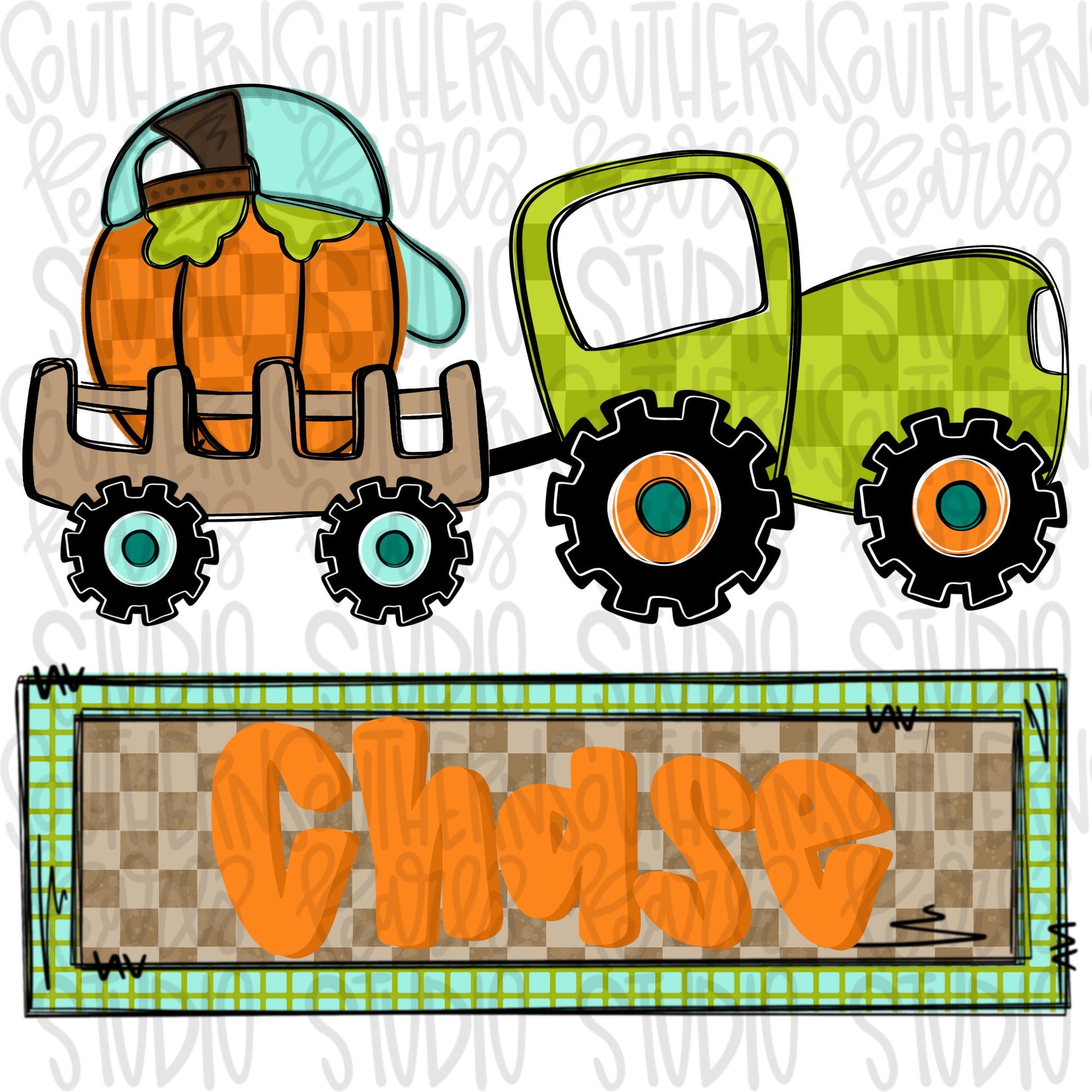 Fall tractor carrying Pumpkin with backwards hat with Name Patch | Sublimation Design | Digital Download | Women’s, Kids Shirt PNG