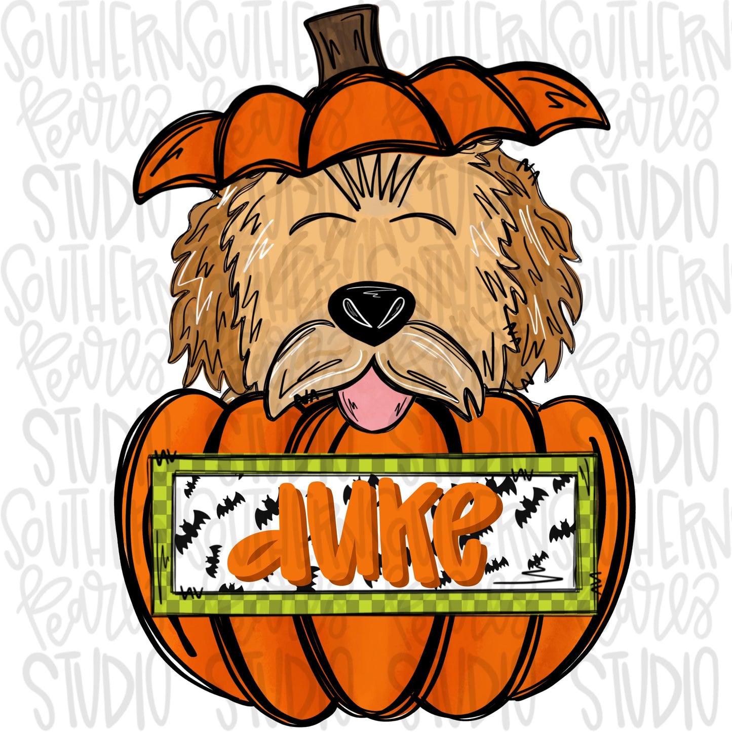 Goldendoodle in pumpkin with Name Patch | Sublimation Design | Digital Download | Women’s, Kids Shirt PNG