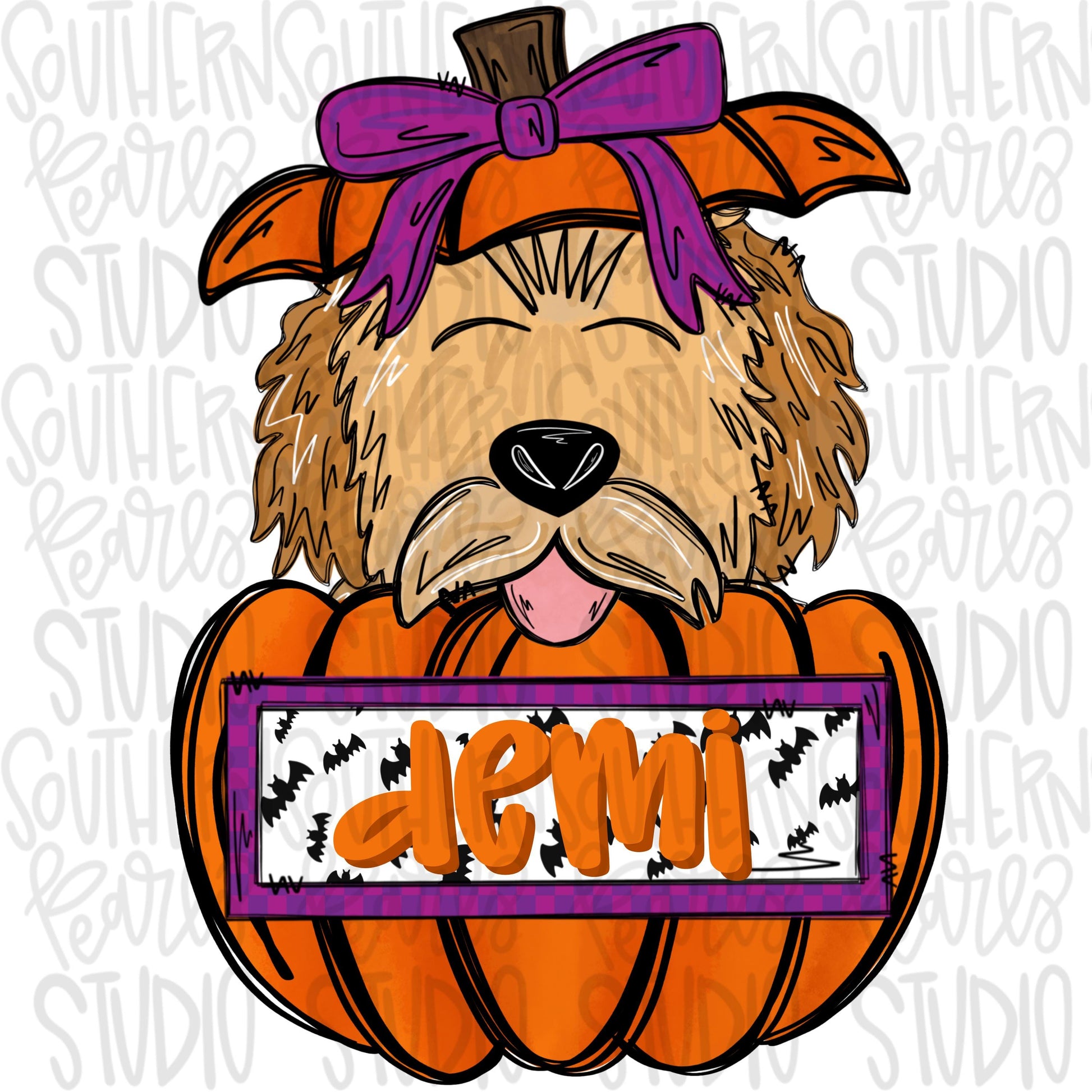 Goldendoodle in pumpkin with bow and Name Patch | Sublimation Design | Digital Download | Women’s, Kids Shirt PNG