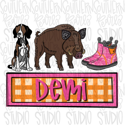 Hog hunting with dog name plate girly | Sublimation Design | Digital Download | Women’s, Kids Shirt PNG