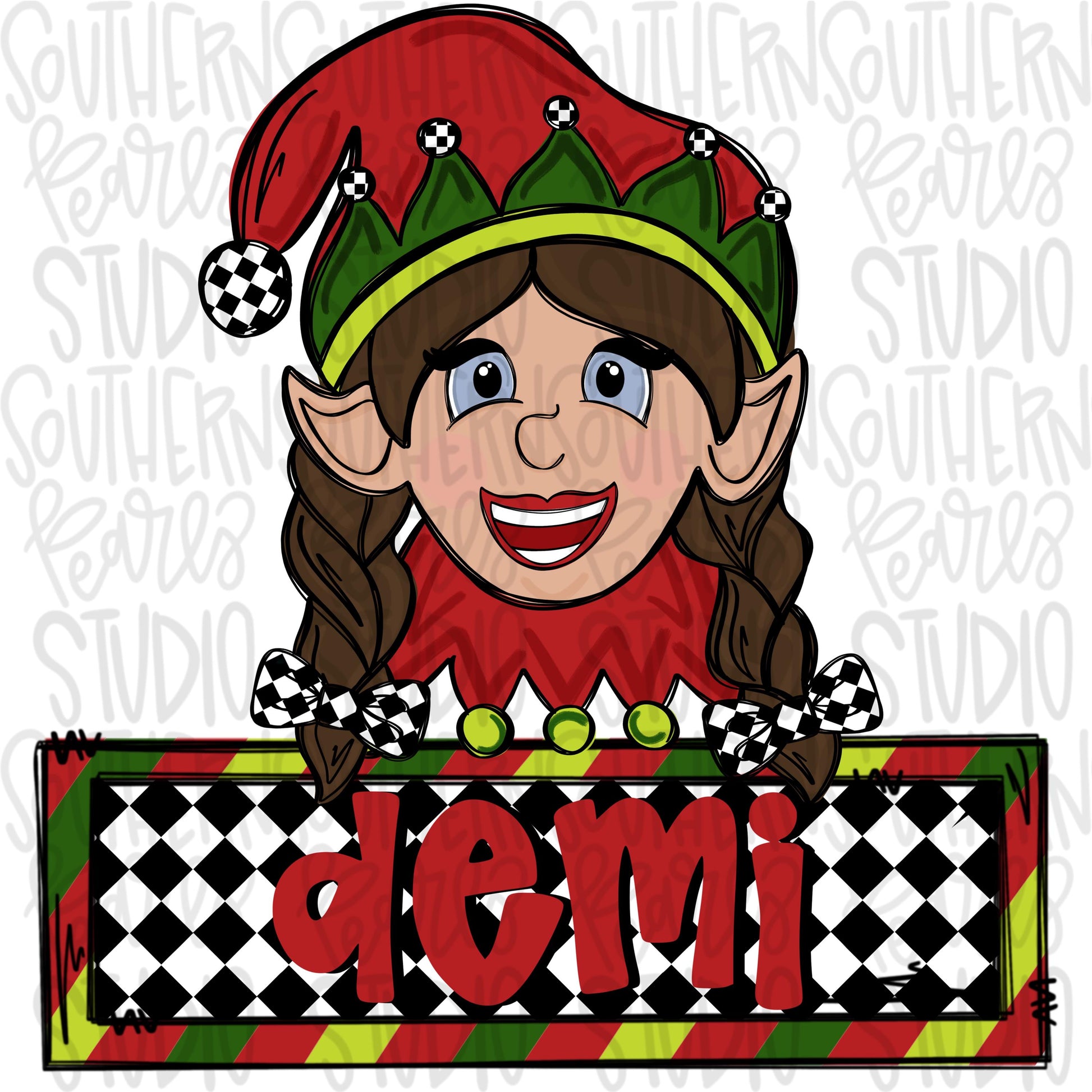 Santa’s helpers Elves girl brown hair with name patch | Sublimation Design | Digital Download | Women’s, Kids Shirt PNG