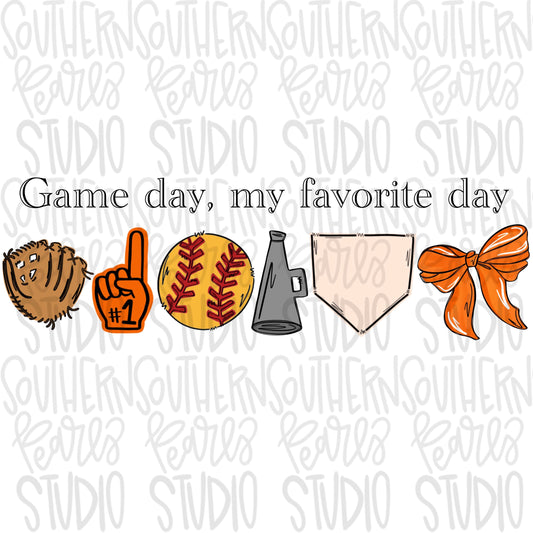 Game Day my favorite day | softball and megaphone and base | orange and black | Go Team | PNG | Sublimation | Design Download