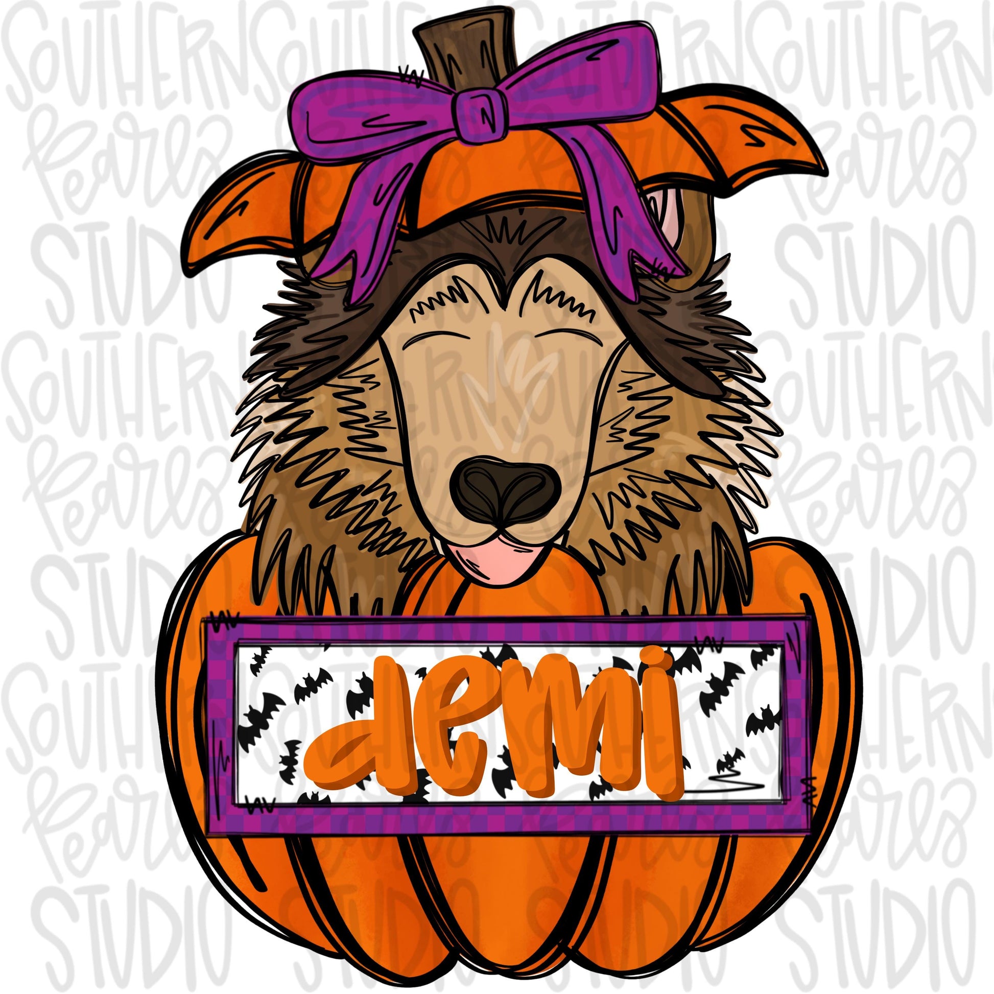 Collie in pumpkin with bow and Name Patch | Sublimation Design | Digital Download | Women’s, Kids Shirt PNG